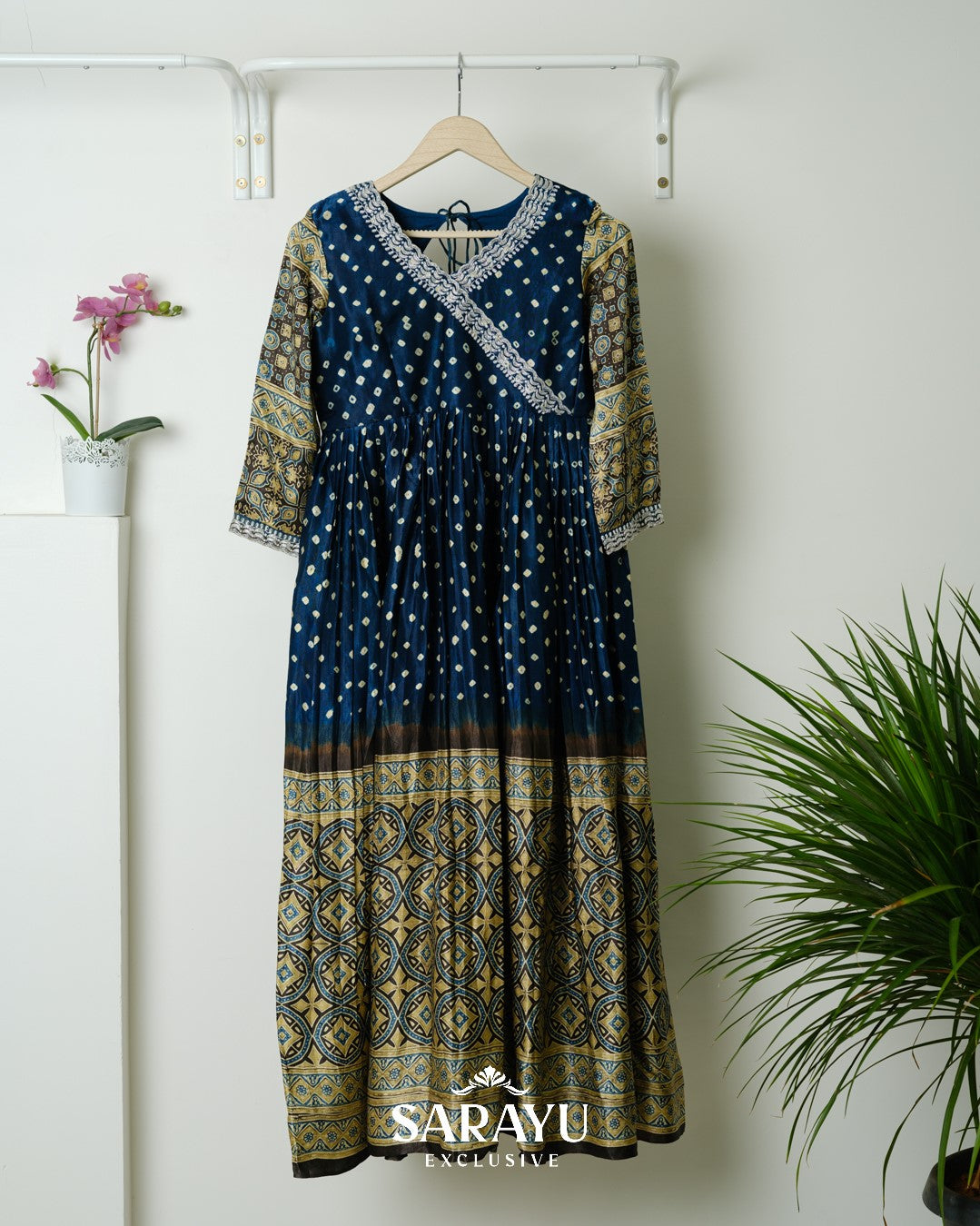 Indigo Blue Bandhini printed Pure Gaji Silk Longfrock